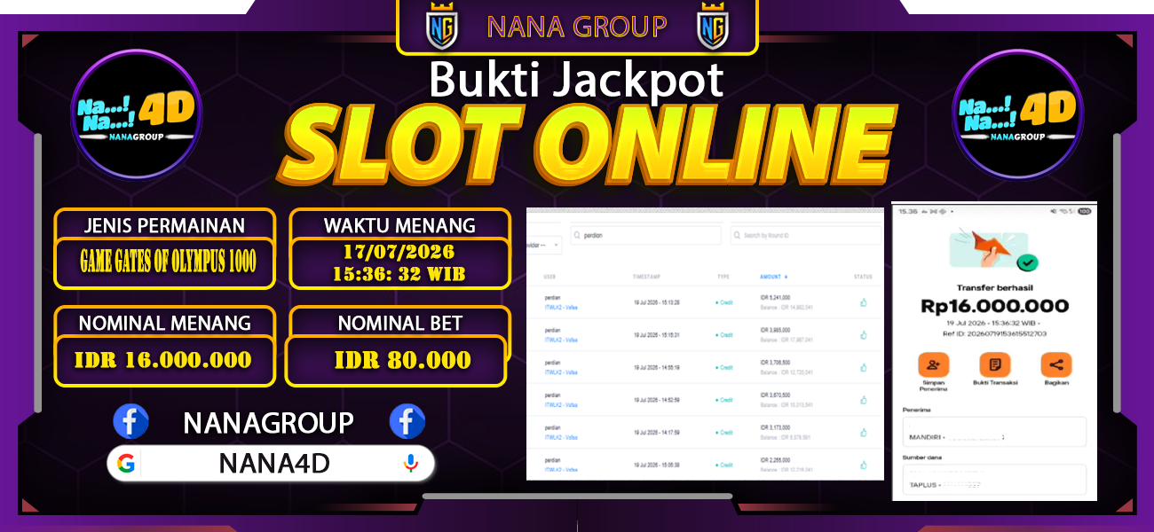 Bukti Kemenangan Besar Dibayar lunas Member NANA4D RP 16.000.000, 19 Juli 2026