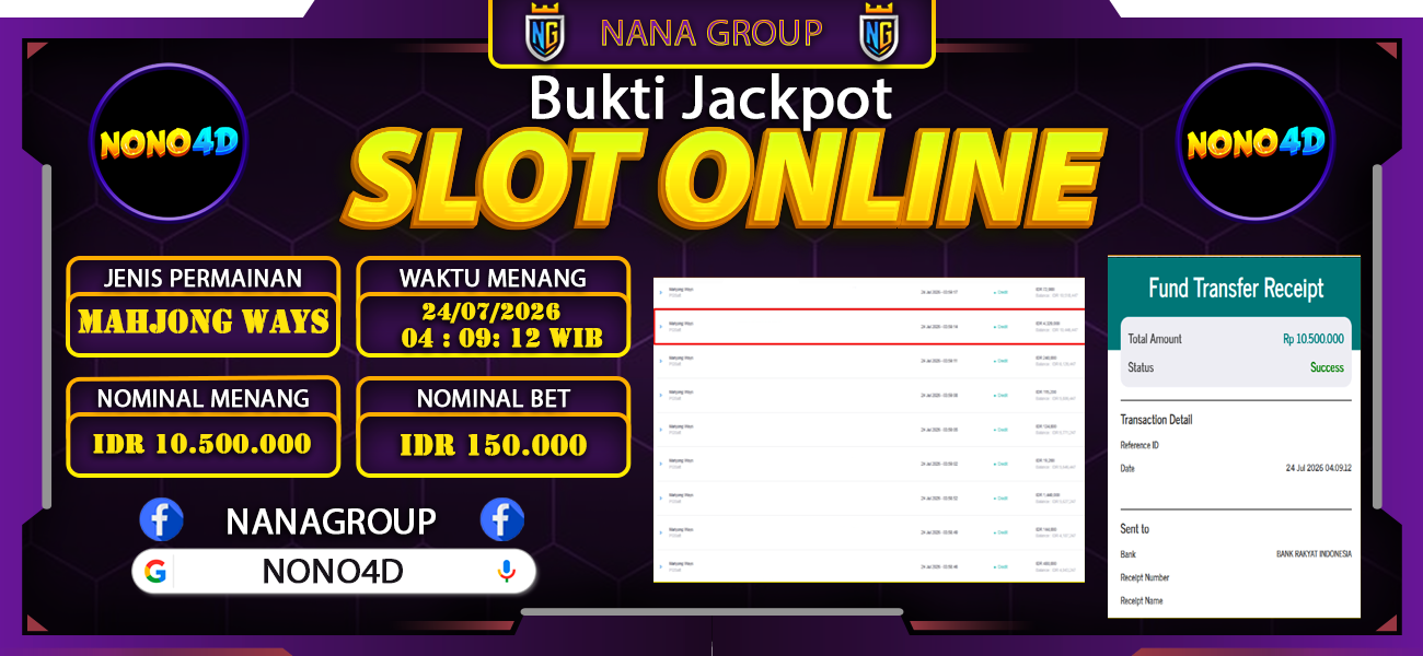 Bukti Kemenangan Besar Dibayar lunas Member NONO4D RP 10.500.000, 24 Juli 2026